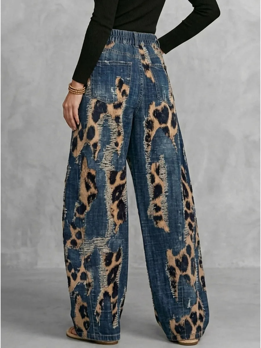 Women High Waist Leopard Print Distressed Eyelet Hole Wide Leg Jeans Daily Casual Streetwear Demin Pants
