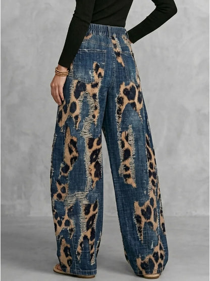 Women High Waist Leopard Print Distressed Eyelet Hole Wide Leg Jeans Daily Casual Streetwear Demin Pants
