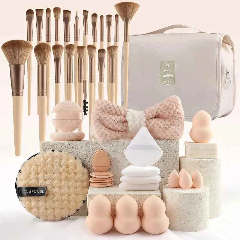 44 piece beige small fragrance style large capacity makeup brush set, handheld toiletry storage bag, portable for going out
