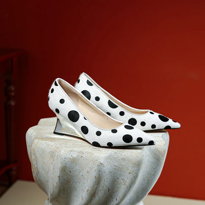 Genuine Leather Women Shoes,Pointed Toe Shallow Slip On Polka Dot High Heels