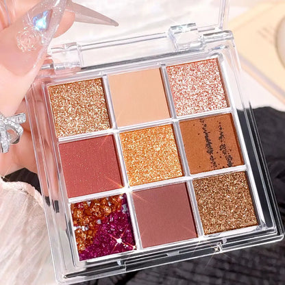 Summer 9 color eyeshadow palette: Orange brown, pink and gold, matte shimmer effect