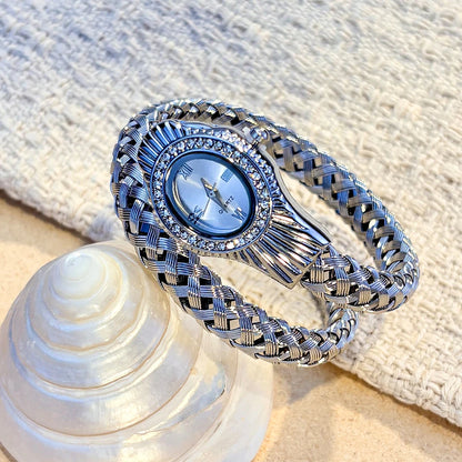 Snake Head Embellished Women's Watch with Hollow-Out Woven Steel Bracelet & Sparkling Crystal Accents