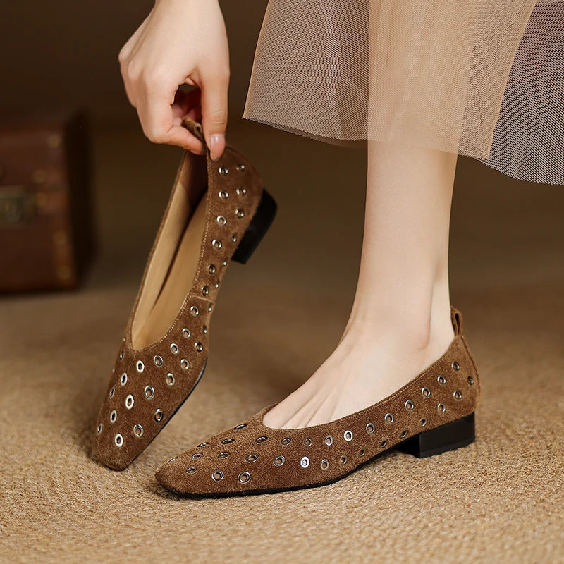 Genuine Leather Women Square Toe Low Heel Hollow Breathable Metal Rivet Sandals