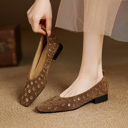 Genuine Leather Women Square Toe Low Heel Hollow Breathable Metal Rivet Sandals