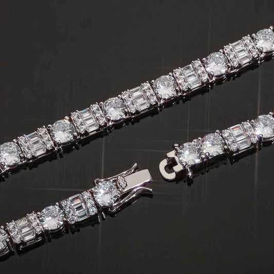 Iced Diamond Tennis Chain Silver Plated Brass Bling Circle Square Cubic Zirconia Necklace