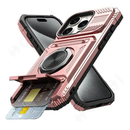 Military quality Case For iPhone 11 13 14 15 16 Pro Max Magnetic Rotated Ring Kickstand Heavy Duty Drop Protection Wallet Cover