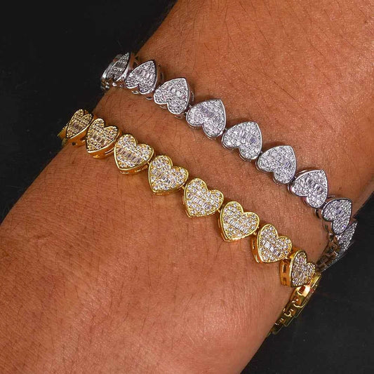 Iced Out Baguette Heart Tennis Chain Bracelet Silver Plated Zircon Mixed Inlay Fine Jewelry