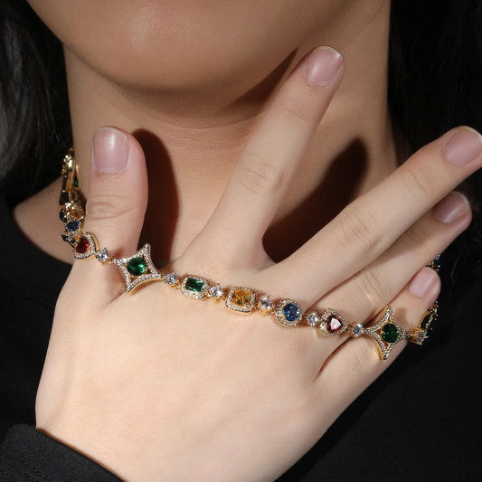 Iced Out Rainbow Necklace for Women Heart/Star/Square Gemstones Link Chain Bracelets Fashion Hip Hop Jewelry Dabfavshop