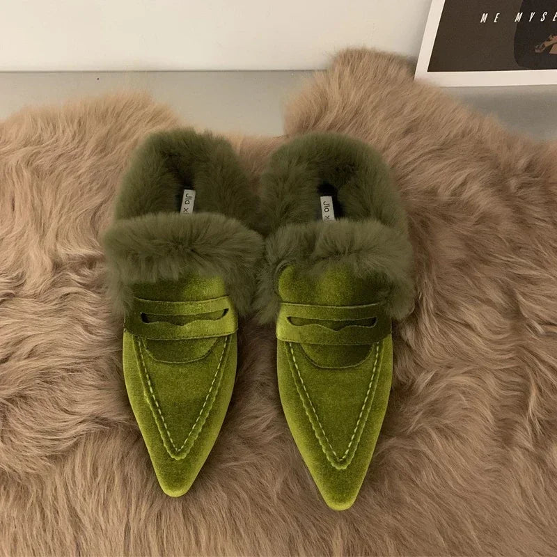 Women Luxury Velvet Mules Pointy Toe Slip-on Fur Sandals Ladies New Brand Design Outdoor Furry Slides Evening Party Heeled Shoes