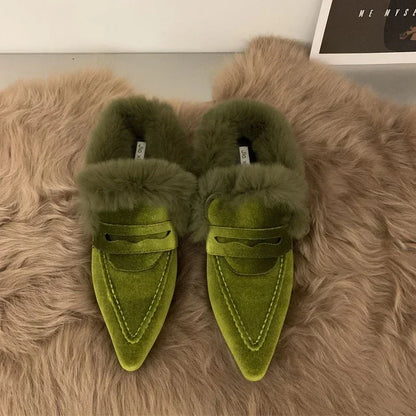 Women Luxury Velvet Mules Pointy Toe Slip-on Fur Sandals Ladies New Brand Design Outdoor Furry Slides Evening Party Heeled Shoes