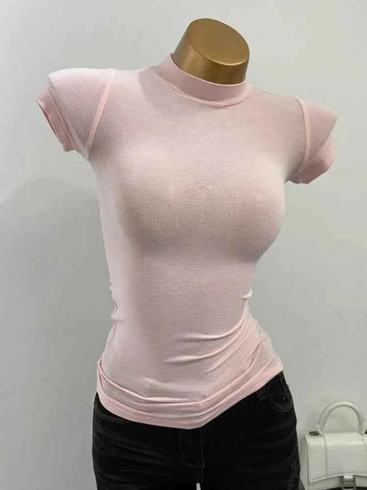Half-high Collar T-shirt Transparent Short-sleeved Slim-fit Elastic T-shirt
