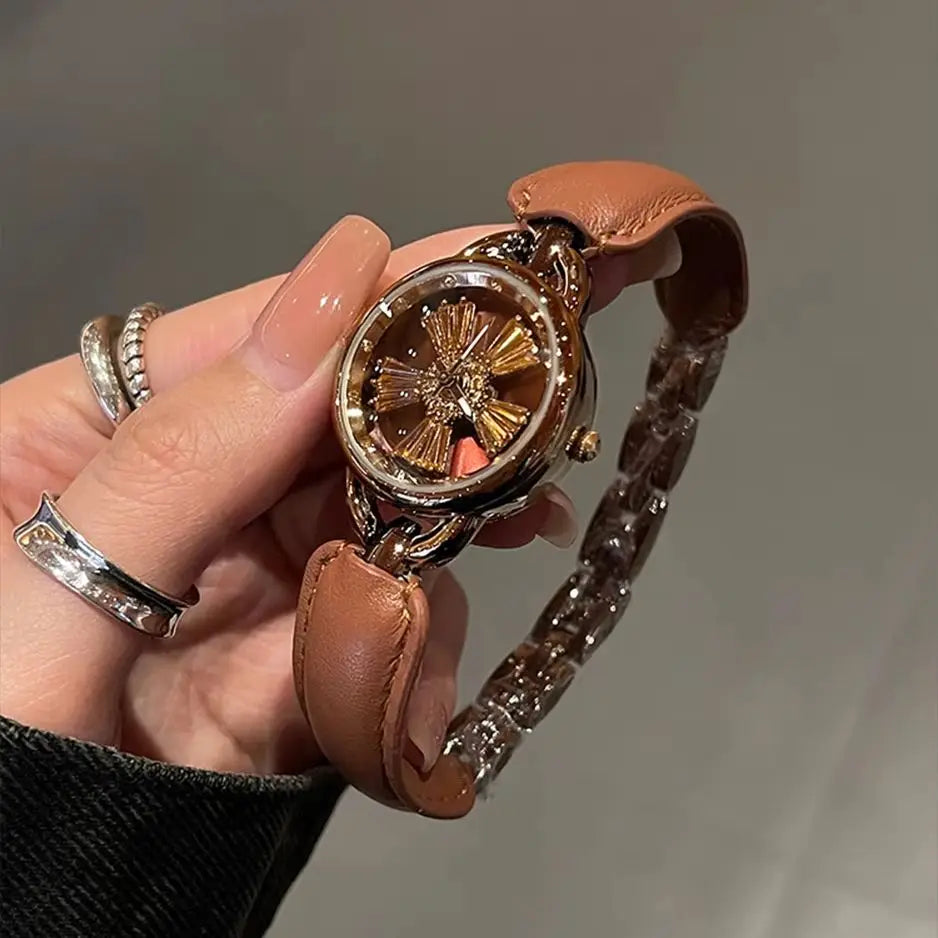 Rotating Women Watch Leather Splicing Metal Strap