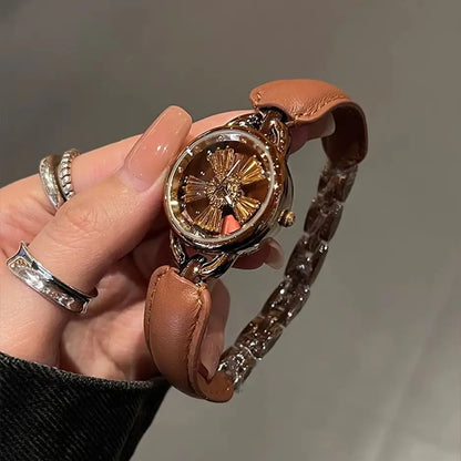 Rotating Women Watch Leather Splicing Metal Strap