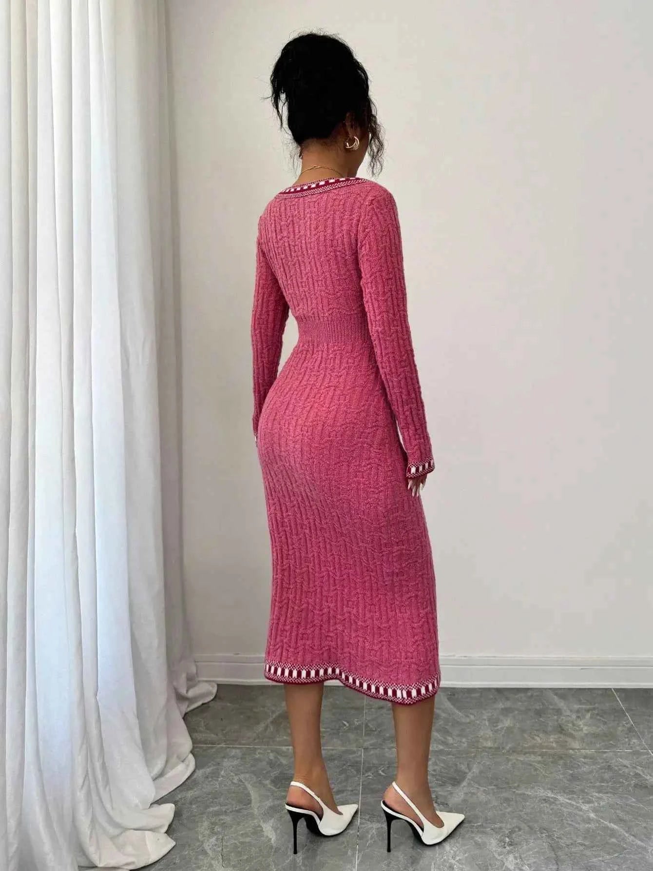 Pink Knit Long Sleeve Button-Up Dress