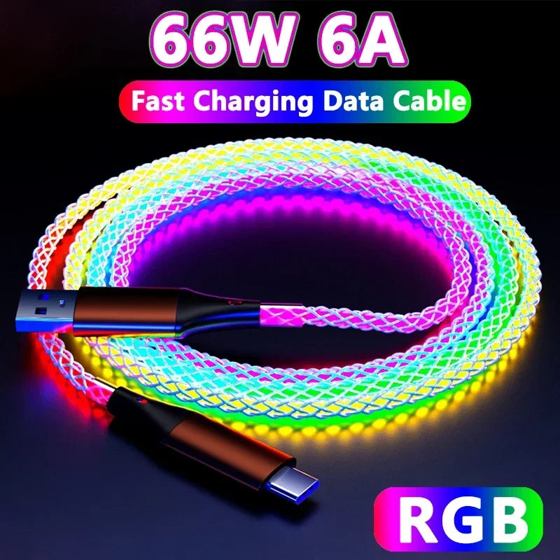 RGB Fast Charging USB to C Cable Colorful Streamer Glowing Line for Samsung Xiaomi Redimi Huawei Charger USB C Cable Dabfavshop