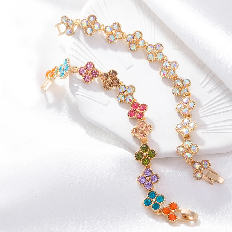 CDD New Sparkling Rhinestone Four Leaf Clover Hand Bracelet for Women Girls Luxury Crystal Bangle Adjustable Wrist Jewelry Gifts Dabfavshop