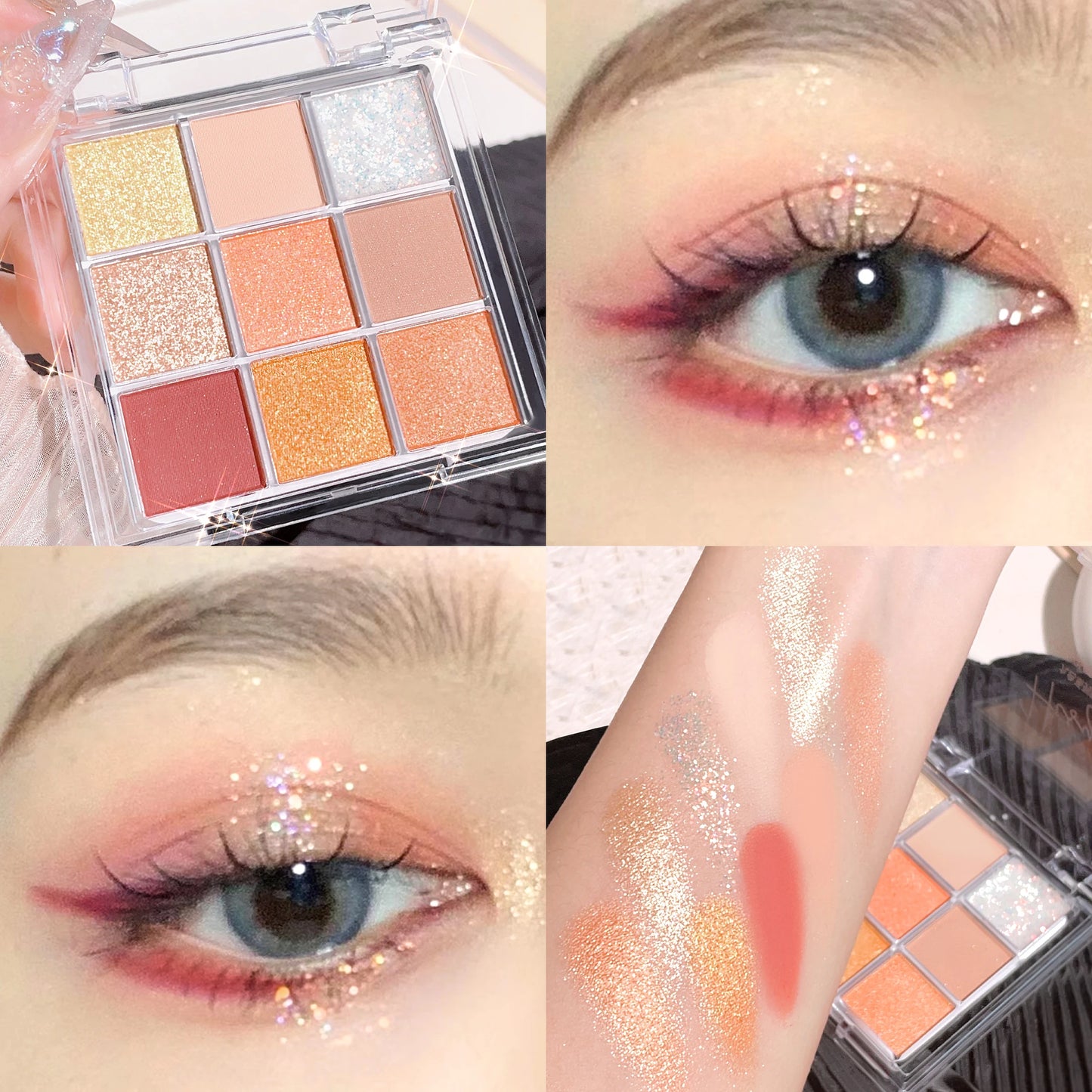 Summer 9 color eyeshadow palette: Orange brown, pink and gold, matte shimmer effect