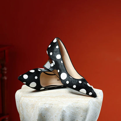 Genuine Leather Women Shoes,Pointed Toe Shallow Slip On Polka Dot High Heels