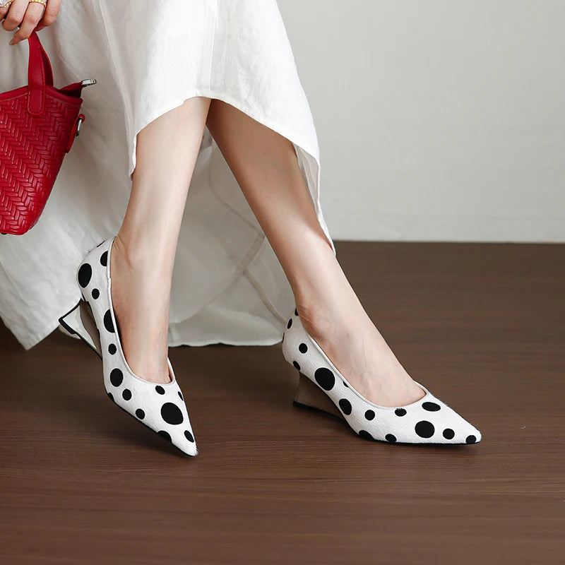 Genuine Leather Women Shoes,Pointed Toe Shallow Slip On Polka Dot High Heels