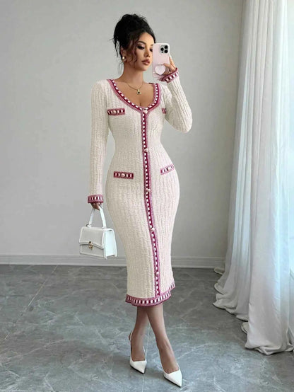 Pink Knit Long Sleeve Button-Up Dress