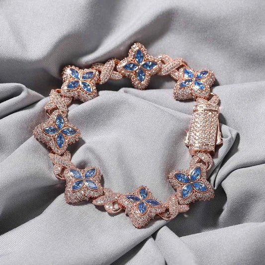 2 Tone Black and Clear Baguettecz Floral Bracelets with Infinity Chain Iced Cuban Link Chain