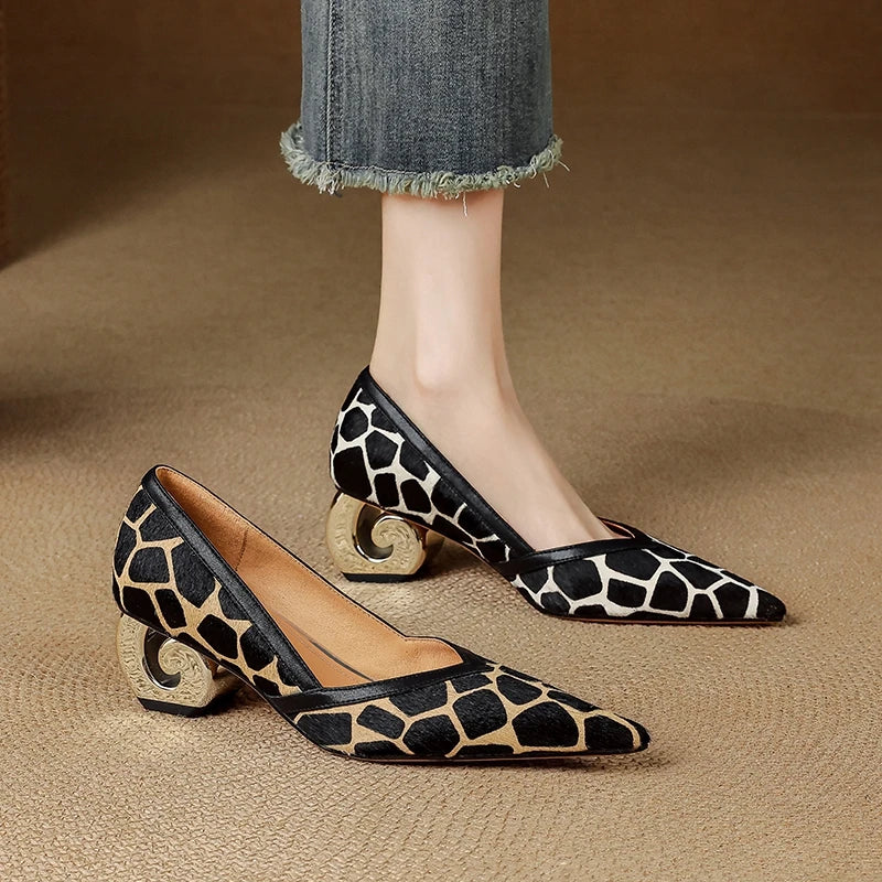 Women's New Genuine Leather Leopard Print Pointed Gold-Plated Heel
