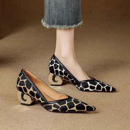 Women's New Genuine Leather Leopard Print Pointed Gold-Plated Heel
