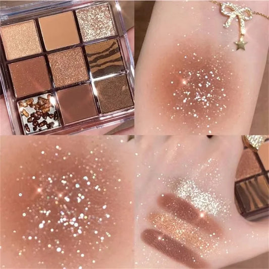 Summer 9 color eyeshadow palette: Orange brown, pink and gold, matte shimmer effect