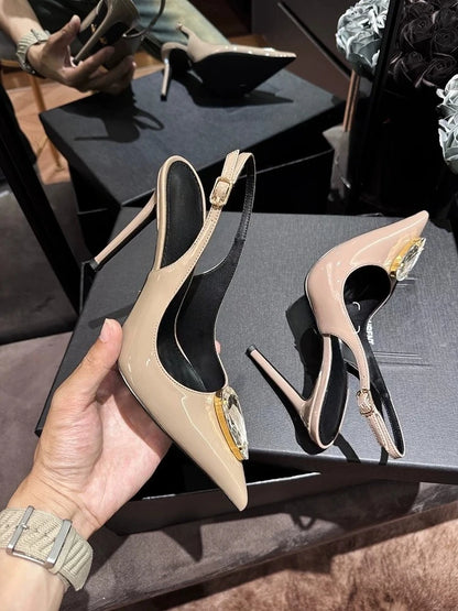 Rhinestone Pointed Fine Heels, Straight Buckle Toe Sandals for Women