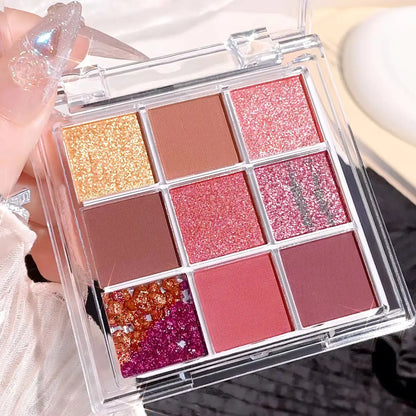 Summer 9 color eyeshadow palette: Orange brown, pink and gold, matte shimmer effect