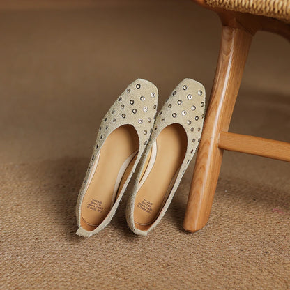 Genuine Leather Women Square Toe Low Heel Hollow Breathable Metal Rivet Sandals