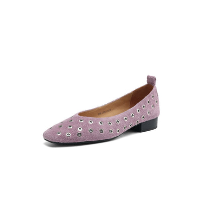 Genuine Leather Women Square Toe Low Heel Hollow Breathable Metal Rivet Sandals