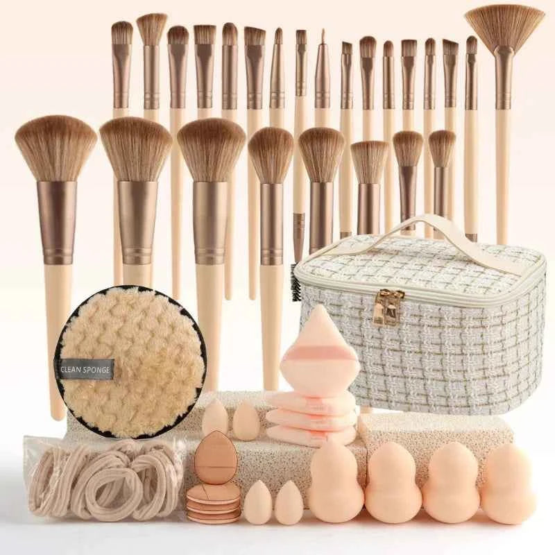 44 piece beige small fragrance style large capacity makeup brush set, handheld toiletry storage bag, portable for going out