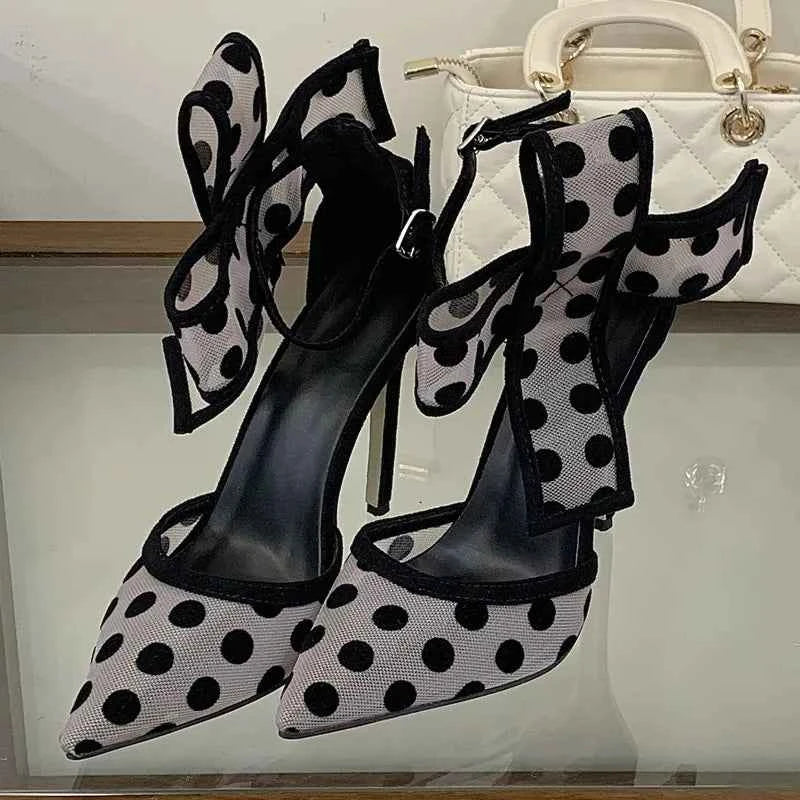 Pointed Hollow Polka Dot Mesh High Heels Sandals