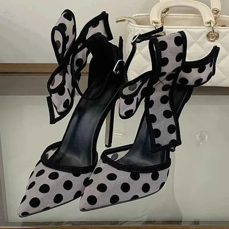 Pointed Hollow Polka Dot Mesh High Heels Sandals
