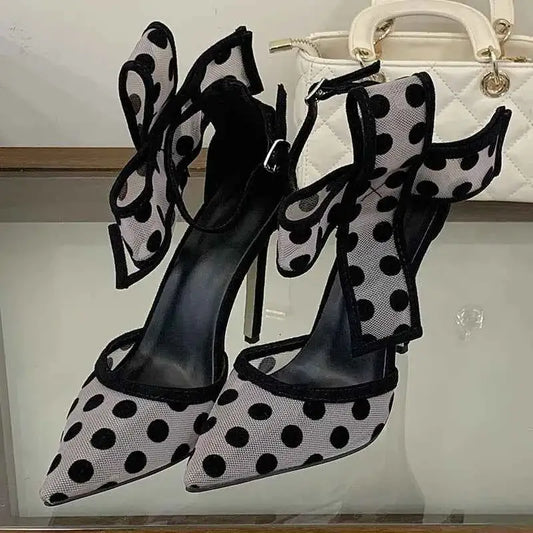 Pointed Hollow Polka Dot Mesh High Heels Sandals