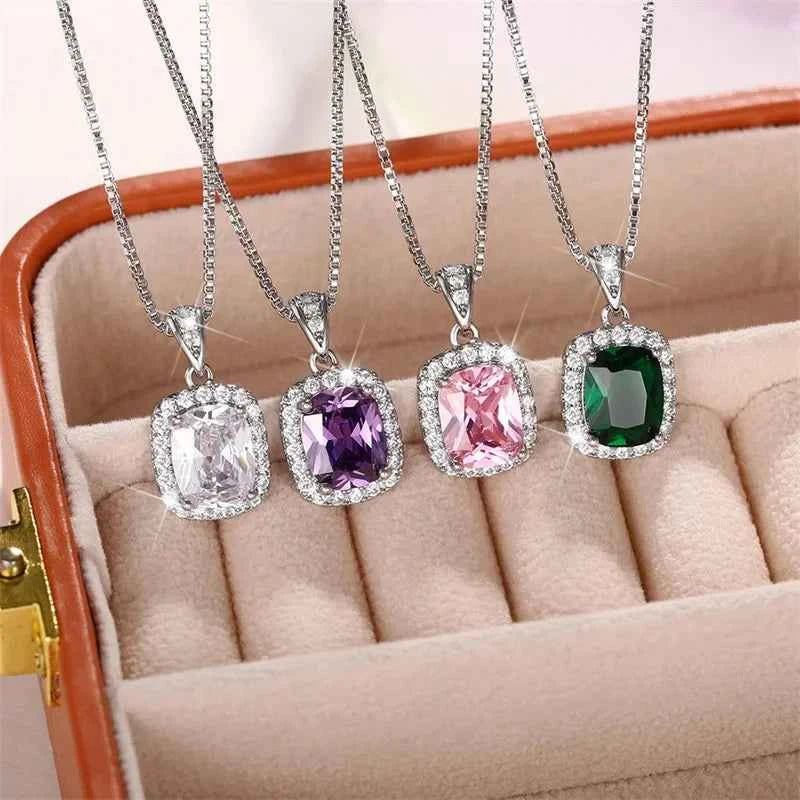 Cubic Zirconia Pendant Necklace White/Green/Purple/Pink Colors