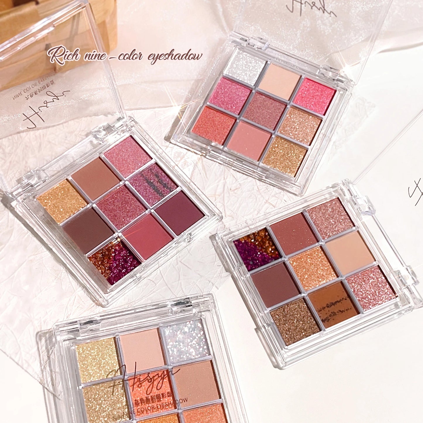 Summer 9 color eyeshadow palette: Orange brown, pink and gold, matte shimmer effect