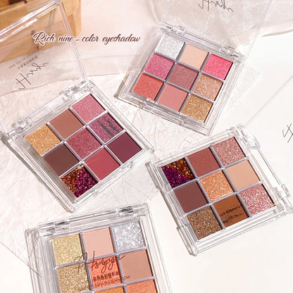Summer 9 color eyeshadow palette: Orange brown, pink and gold, matte shimmer effect