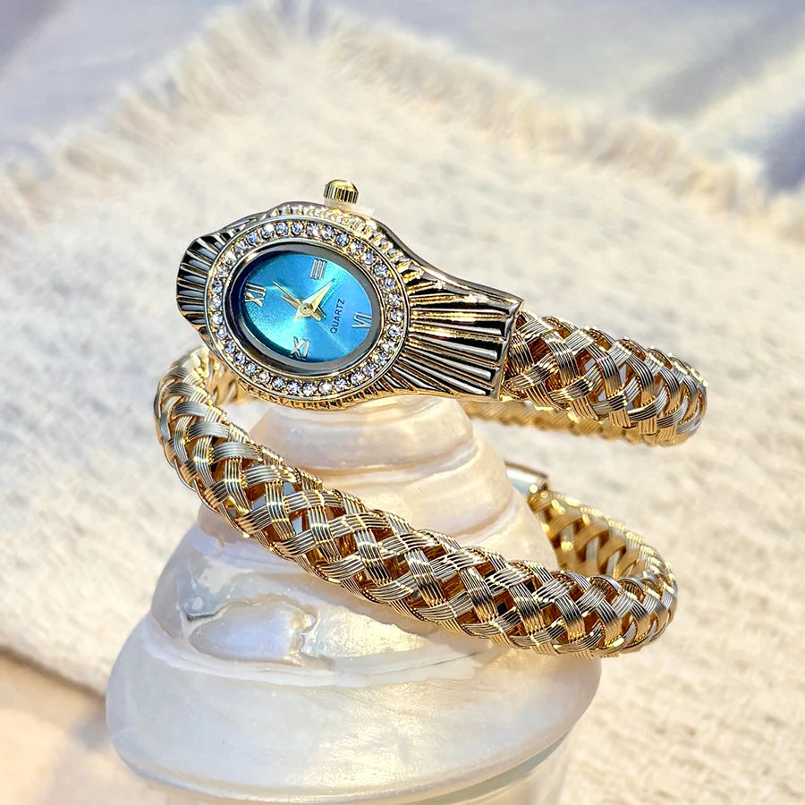 Snake Head Embellished Women's Watch with Hollow-Out Woven Steel Bracelet & Sparkling Crystal Accents