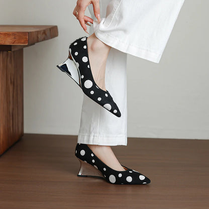 Genuine Leather Women Shoes,Pointed Toe Shallow Slip On Polka Dot High Heels