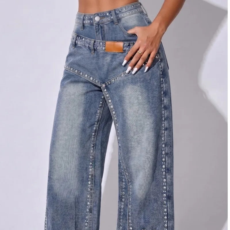 Rhinestone Wide Leg American High Waist Gradient Wash Split Design Loose Denim Trousers