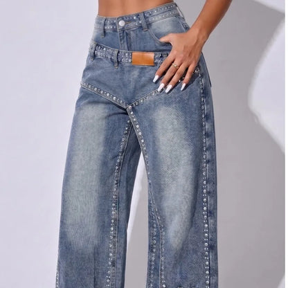 Rhinestone Wide Leg American High Waist Gradient Wash Split Design Loose Denim Trousers