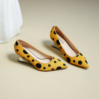 Genuine Leather Women Shoes,Pointed Toe Shallow Slip On Polka Dot High Heels