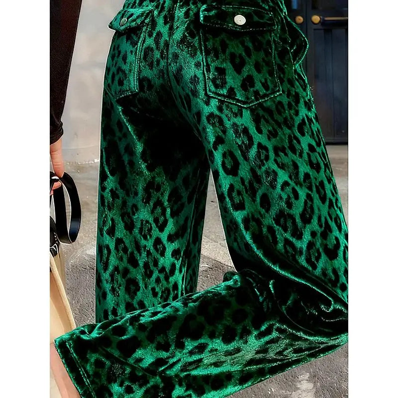 Green Leopard Velvet Trousers