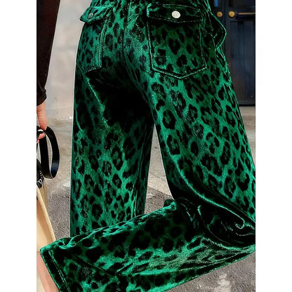 Green Leopard Velvet Trousers
