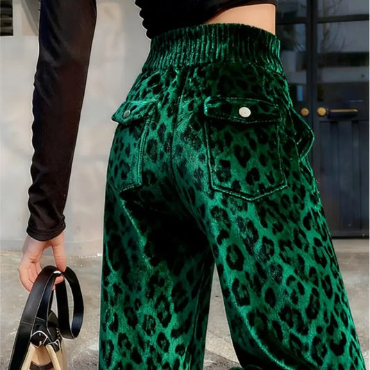 Green Leopard Velvet Trousers