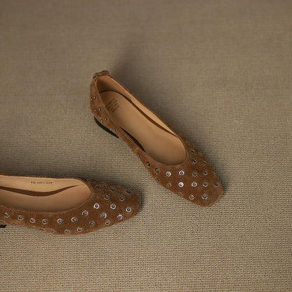 Genuine Leather Women Square Toe Low Heel Hollow Breathable Metal Rivet Sandals