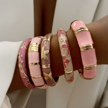Sweet Pink Enamel Dropped Glaze Flower Texture Bracelet For Women Retro Leaf Star Floral Embossed Zircon Bangle Party Jewelry
