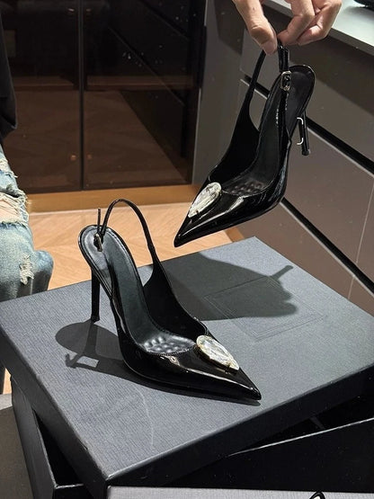 Rhinestone Pointed Fine Heels, Straight Buckle Toe Sandals for Women